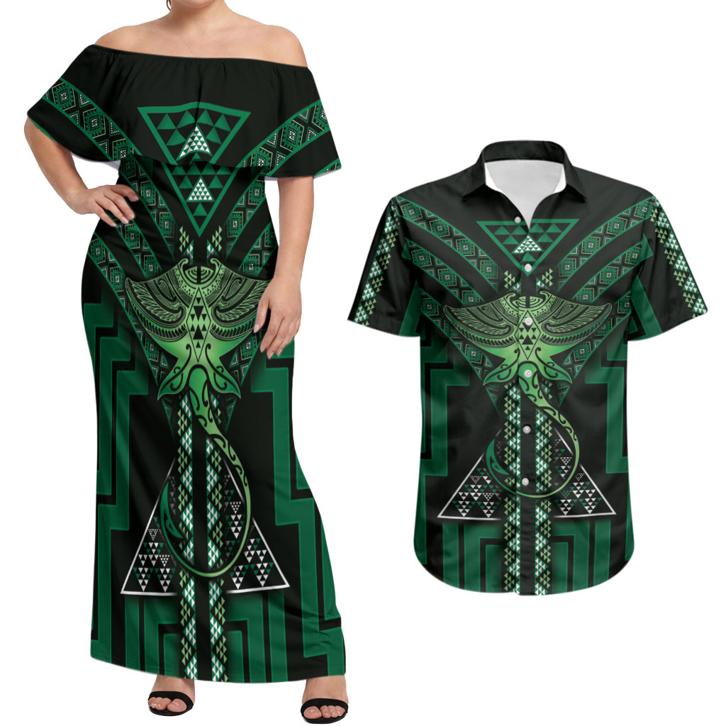 New Zealand Manta Ray Couples Matching Off Shoulder Maxi Dress and Hawaiian Shirt Maori Tukutuku Taniko Motifs Green