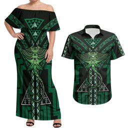 New Zealand Manta Ray Couples Matching Off Shoulder Maxi Dress and Hawaiian Shirt Maori Tukutuku Taniko Motifs Green