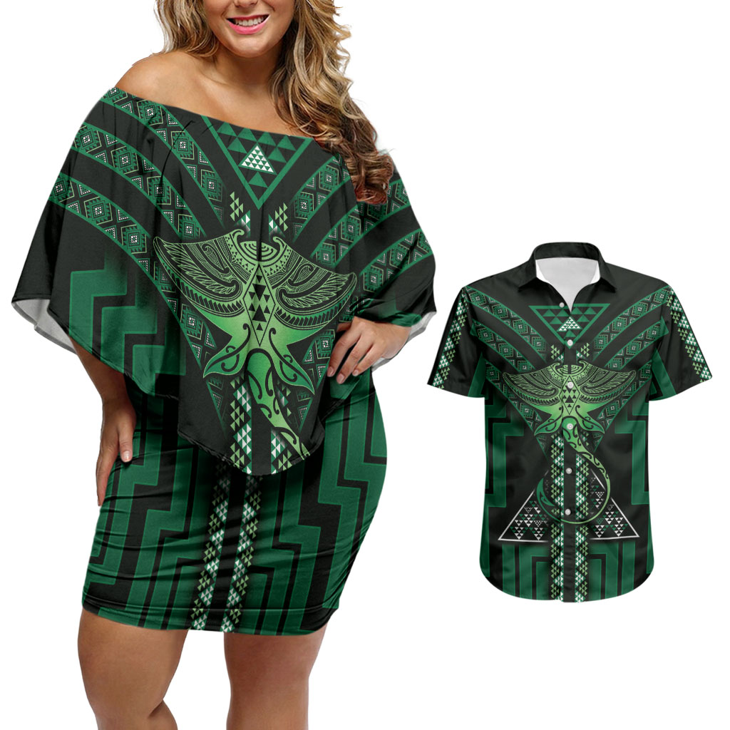 New Zealand Manta Ray Couples Matching Off Shoulder Short Dress and Hawaiian Shirt Maori Tukutuku Taniko Motifs Green