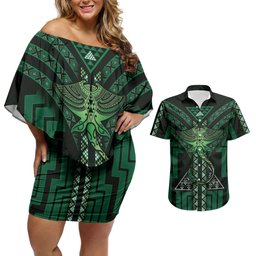 New Zealand Manta Ray Couples Matching Off Shoulder Short Dress and Hawaiian Shirt Maori Tukutuku Taniko Motifs Green