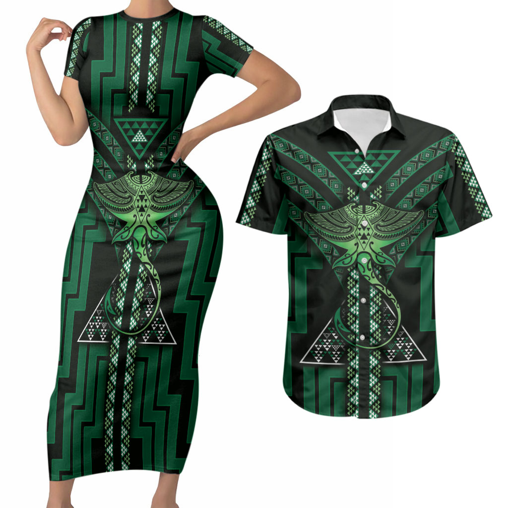 New Zealand Manta Ray Couples Matching Short Sleeve Bodycon Dress and Hawaiian Shirt Maori Tukutuku Taniko Motifs Green