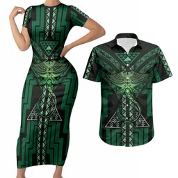 New Zealand Manta Ray Couples Matching Short Sleeve Bodycon Dress and Hawaiian Shirt Maori Tukutuku Taniko Motifs Green