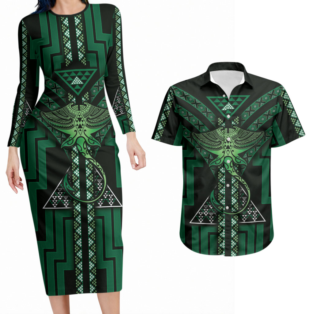 New Zealand Manta Ray Couples Matching Long Sleeve Bodycon Dress and Hawaiian Shirt Maori Tukutuku Taniko Motifs Green