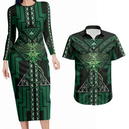 New Zealand Manta Ray Couples Matching Long Sleeve Bodycon Dress and Hawaiian Shirt Maori Tukutuku Taniko Motifs Green