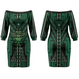 New Zealand Manta Ray Couples Matching Off The Shoulder Long Sleeve Dress and Hawaiian Shirt Maori Tukutuku Taniko Motifs Green
