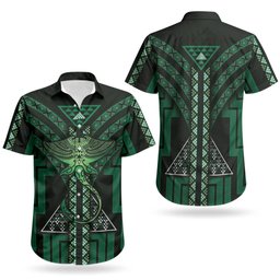 New Zealand Manta Ray Couples Matching Long Sleeve Bodycon Dress and Hawaiian Shirt Maori Tukutuku Taniko Motifs Green