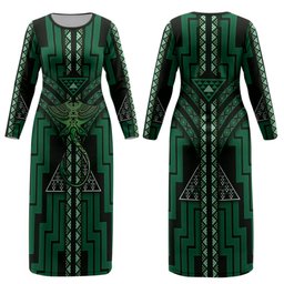 New Zealand Manta Ray Couples Matching Long Sleeve Bodycon Dress and Hawaiian Shirt Maori Tukutuku Taniko Motifs Green