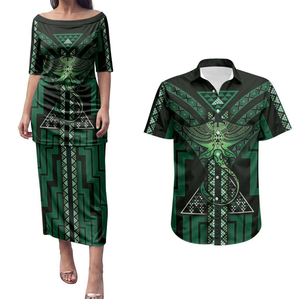 New Zealand Manta Ray Couples Matching Puletasi and Hawaiian Shirt Maori Tukutuku Taniko Motifs Green