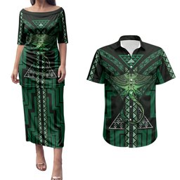 New Zealand Manta Ray Couples Matching Puletasi and Hawaiian Shirt Maori Tukutuku Taniko Motifs Green