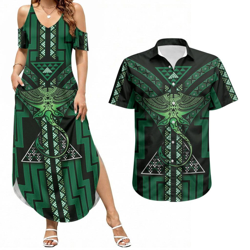 New Zealand Manta Ray Couples Matching Summer Maxi Dress and Hawaiian Shirt Maori Tukutuku Taniko Motifs Green