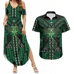 New Zealand Manta Ray Couples Matching Summer Maxi Dress and Hawaiian Shirt Maori Tukutuku Taniko Motifs Green