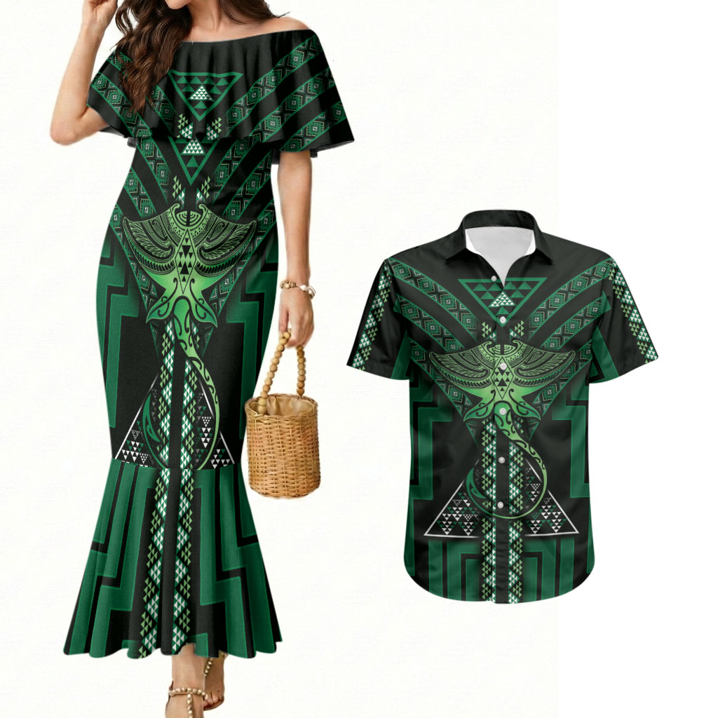 New Zealand Manta Ray Couples Matching Mermaid Dress and Hawaiian Shirt Maori Tukutuku Taniko Motifs Green