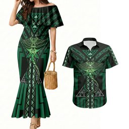 New Zealand Manta Ray Couples Matching Mermaid Dress and Hawaiian Shirt Maori Tukutuku Taniko Motifs Green