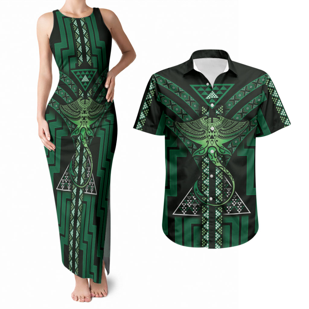 New Zealand Manta Ray Couples Matching Tank Maxi Dress and Hawaiian Shirt Maori Tukutuku Taniko Motifs Green