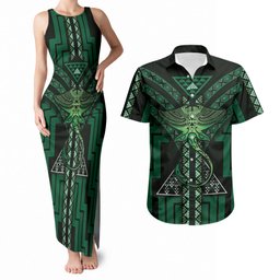New Zealand Manta Ray Couples Matching Tank Maxi Dress and Hawaiian Shirt Maori Tukutuku Taniko Motifs Green
