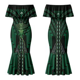 New Zealand Manta Ray Couples Matching Mermaid Dress and Hawaiian Shirt Maori Tukutuku Taniko Motifs Green