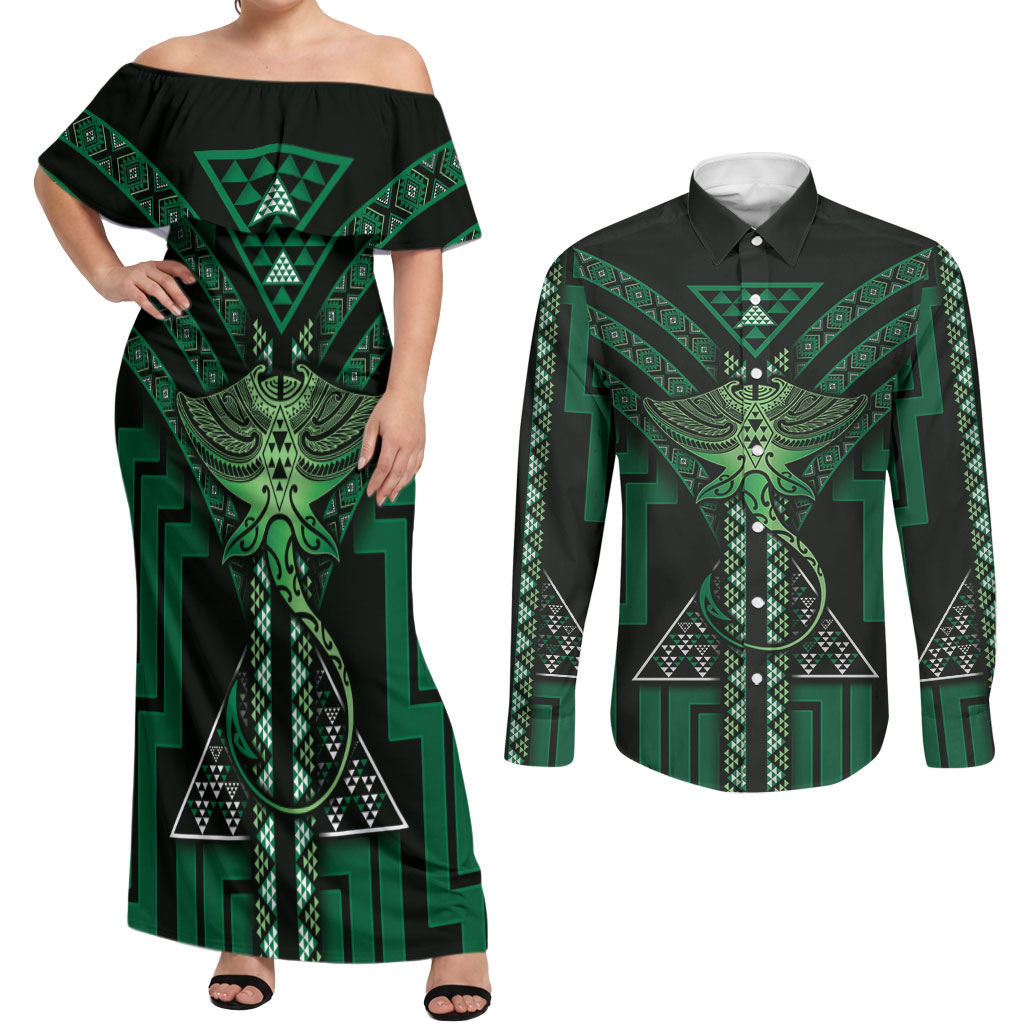 New Zealand Manta Ray Couples Matching Off Shoulder Maxi Dress and Long Sleeve Button Shirt Maori Tukutuku Taniko Motifs Green
