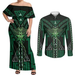 New Zealand Manta Ray Couples Matching Off Shoulder Maxi Dress and Long Sleeve Button Shirt Maori Tukutuku Taniko Motifs Green