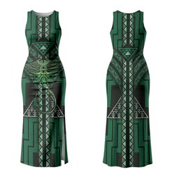 New Zealand Manta Ray Couples Matching Tank Maxi Dress and Hawaiian Shirt Maori Tukutuku Taniko Motifs Green
