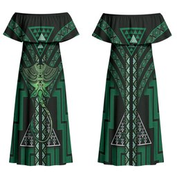New Zealand Manta Ray Couples Matching Off Shoulder Maxi Dress and Long Sleeve Button Shirt Maori Tukutuku Taniko Motifs Green