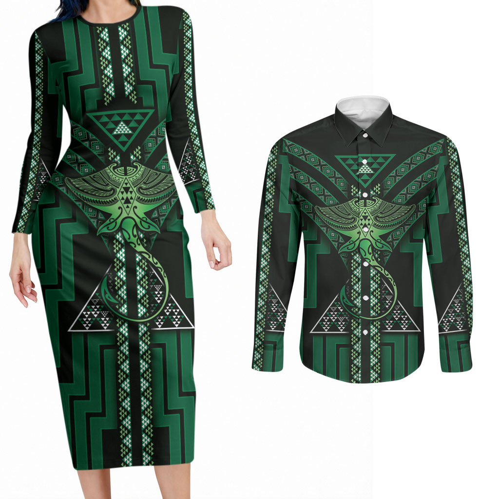 New Zealand Manta Ray Couples Matching Long Sleeve Bodycon Dress and Long Sleeve Button Shirt Maori Tukutuku Taniko Motifs Green