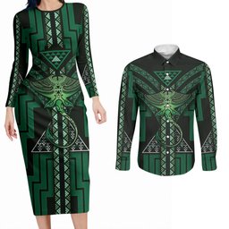New Zealand Manta Ray Couples Matching Long Sleeve Bodycon Dress and Long Sleeve Button Shirt Maori Tukutuku Taniko Motifs Green