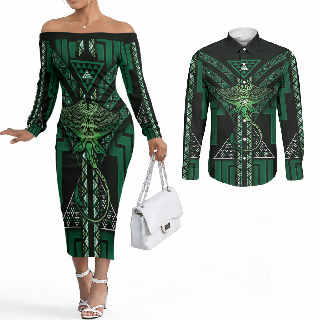 New Zealand Manta Ray Couples Matching Off The Shoulder Long Sleeve Dress and Long Sleeve Button Shirt Maori Tukutuku Taniko Motifs Green