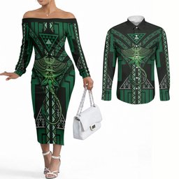New Zealand Manta Ray Couples Matching Off The Shoulder Long Sleeve Dress and Long Sleeve Button Shirt Maori Tukutuku Taniko Motifs Green