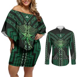 New Zealand Manta Ray Couples Matching Off Shoulder Short Dress and Long Sleeve Button Shirt Maori Tukutuku Taniko Motifs Green