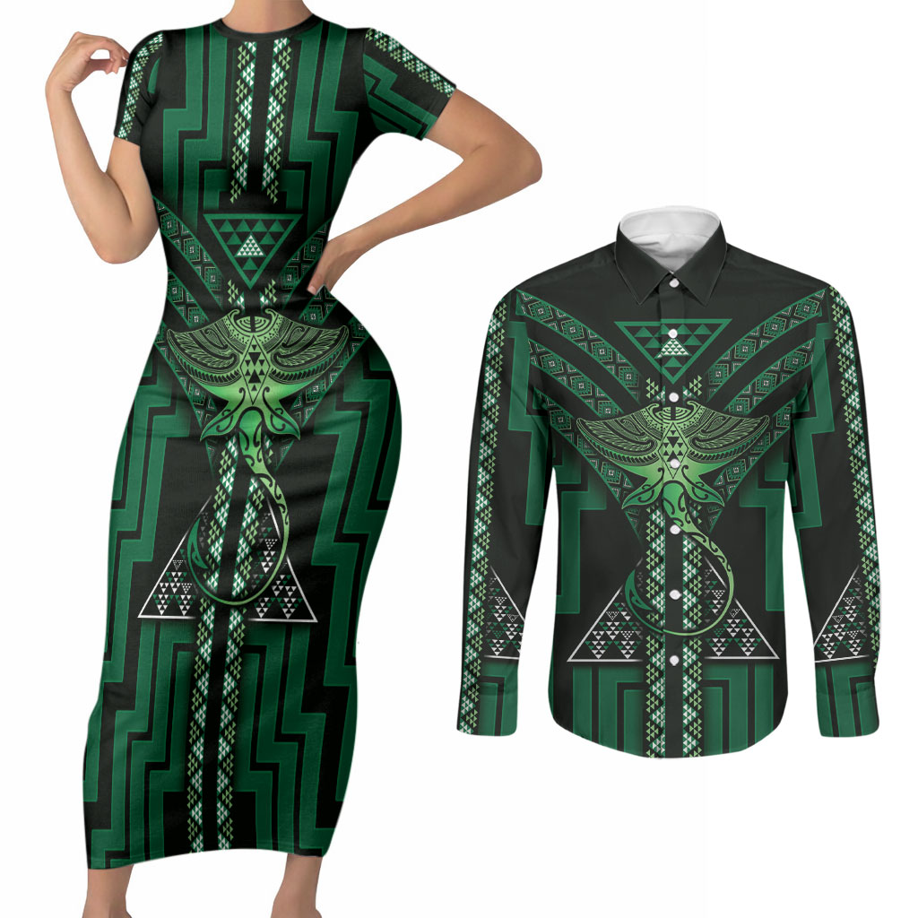 New Zealand Manta Ray Couples Matching Short Sleeve Bodycon Dress and Long Sleeve Button Shirt Maori Tukutuku Taniko Motifs Green