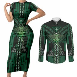 New Zealand Manta Ray Couples Matching Short Sleeve Bodycon Dress and Long Sleeve Button Shirt Maori Tukutuku Taniko Motifs Green