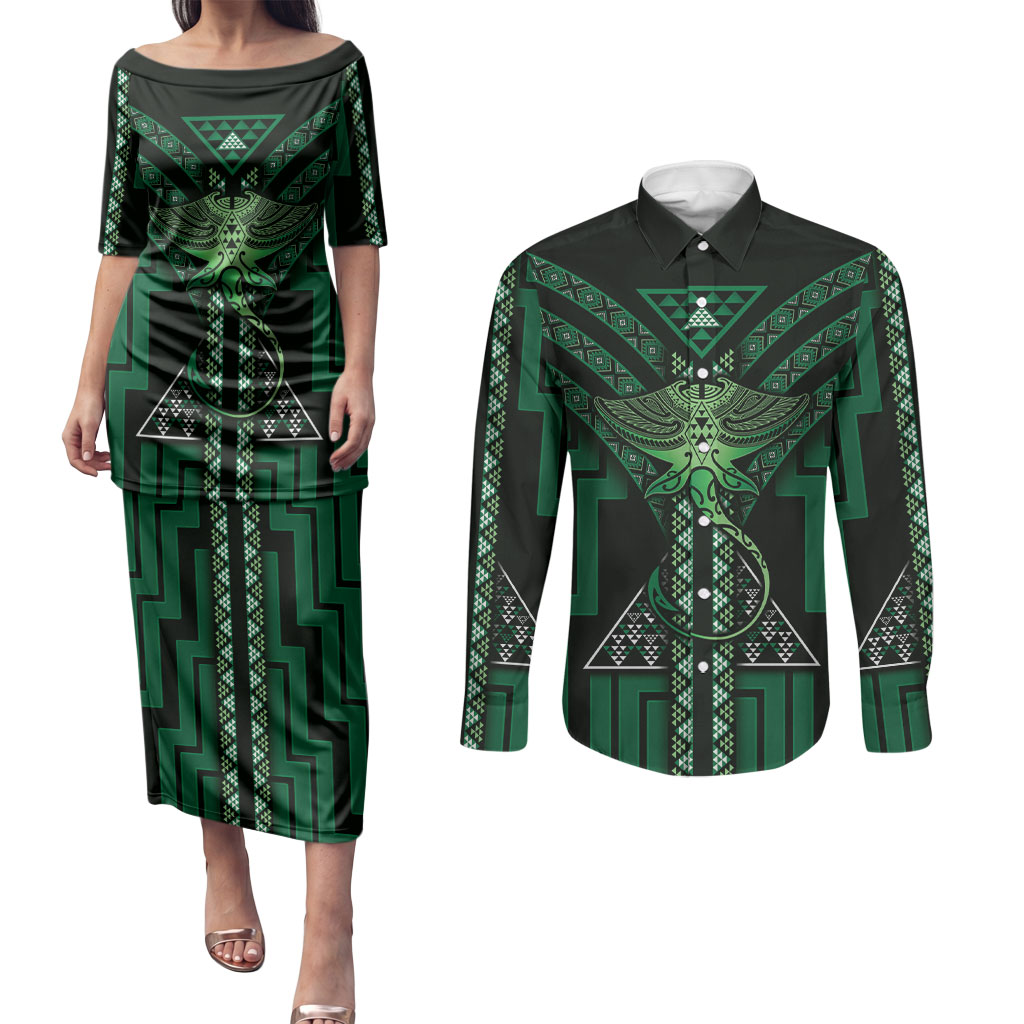 New Zealand Manta Ray Couples Matching Puletasi and Long Sleeve Button Shirt Maori Tukutuku Taniko Motifs Green