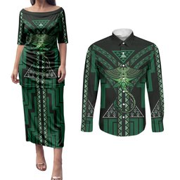 New Zealand Manta Ray Couples Matching Puletasi and Long Sleeve Button Shirt Maori Tukutuku Taniko Motifs Green