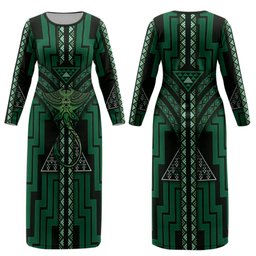New Zealand Manta Ray Couples Matching Long Sleeve Bodycon Dress and Long Sleeve Button Shirt Maori Tukutuku Taniko Motifs Green