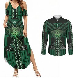 New Zealand Manta Ray Couples Matching Summer Maxi Dress and Long Sleeve Button Shirt Maori Tukutuku Taniko Motifs Green