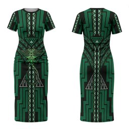 New Zealand Manta Ray Couples Matching Short Sleeve Bodycon Dress and Long Sleeve Button Shirt Maori Tukutuku Taniko Motifs Green