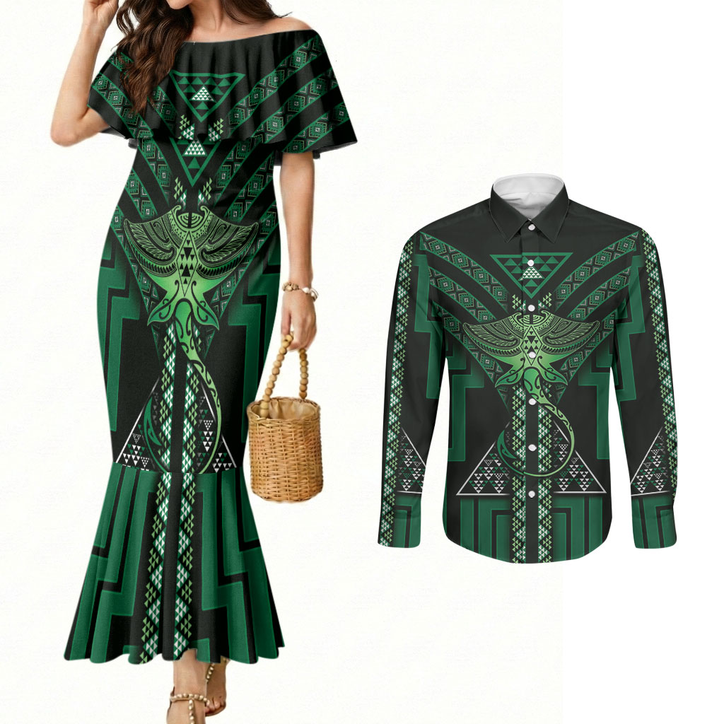 New Zealand Manta Ray Couples Matching Mermaid Dress and Long Sleeve Button Shirt Maori Tukutuku Taniko Motifs Green
