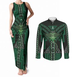 New Zealand Manta Ray Couples Matching Tank Maxi Dress and Long Sleeve Button Shirt Maori Tukutuku Taniko Motifs Green