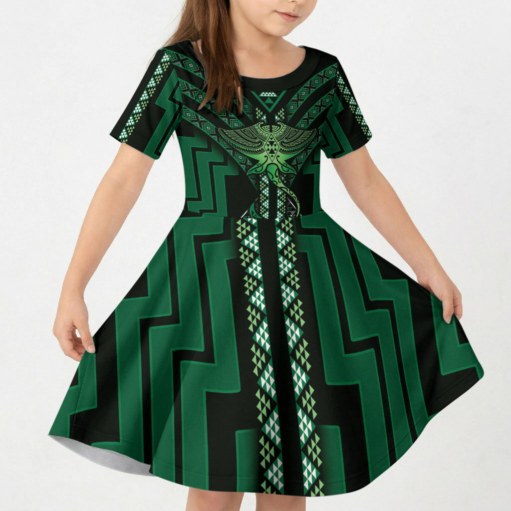 New Zealand Manta Ray Kid Short Sleeve Dress Maori Tukutuku Taniko Motifs Green