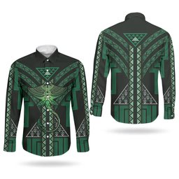 New Zealand Manta Ray Couples Matching Mermaid Dress and Long Sleeve Button Shirt Maori Tukutuku Taniko Motifs Green