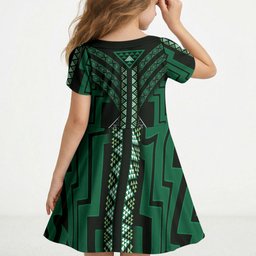 New Zealand Manta Ray Kid Short Sleeve Dress Maori Tukutuku Taniko Motifs Green