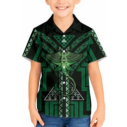 New Zealand Manta Ray Kid Hawaiian Shirt Maori Tukutuku Taniko Motifs Green