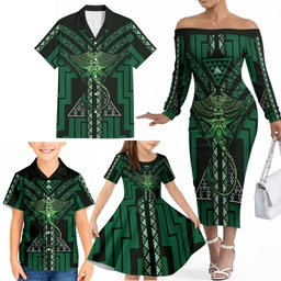 New Zealand Manta Ray Family Matching Off The Shoulder Long Sleeve Dress and Hawaiian Shirt Maori Tukutuku Taniko Motifs Green