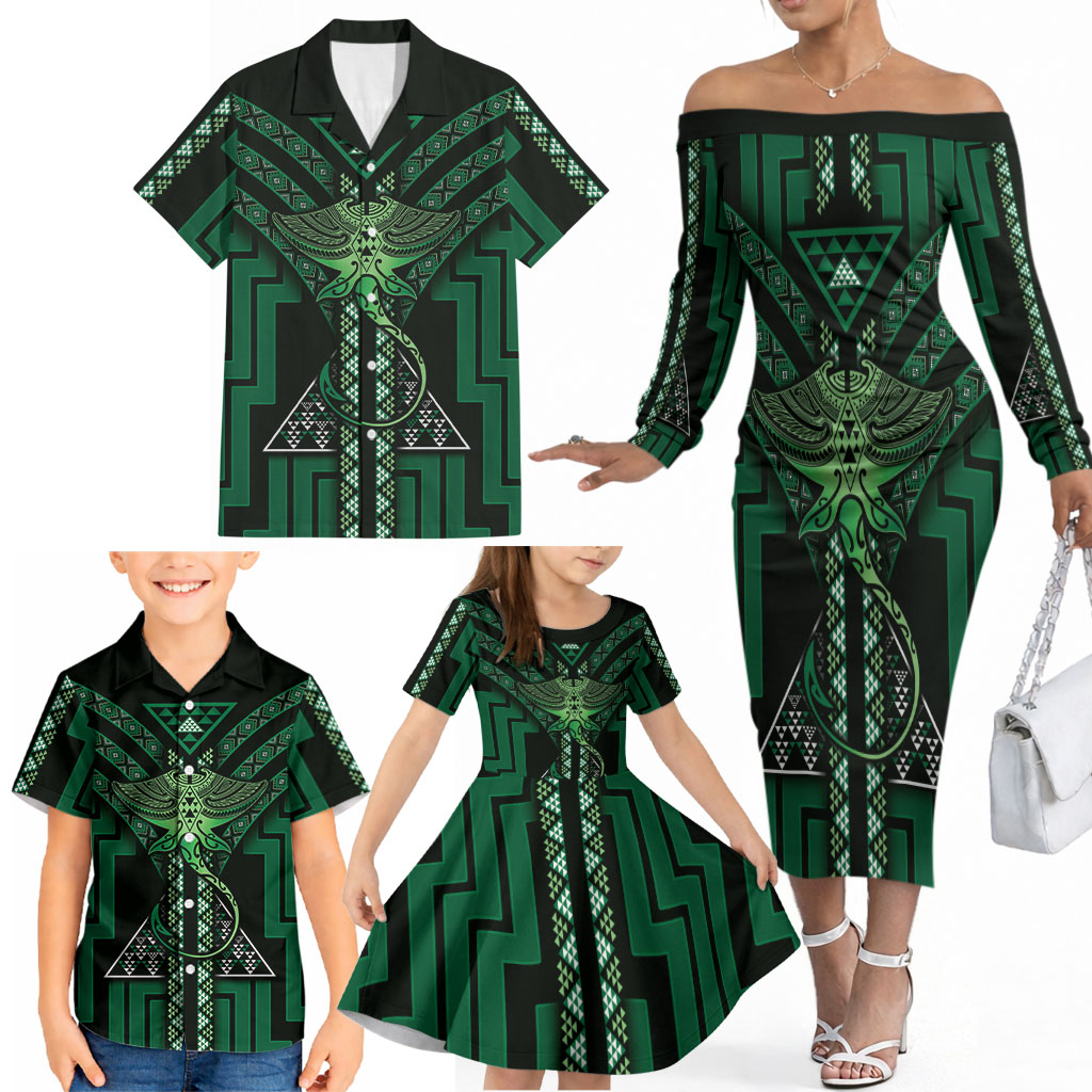 New Zealand Manta Ray Family Matching Off The Shoulder Long Sleeve Dress and Hawaiian Shirt Maori Tukutuku Taniko Motifs Green
