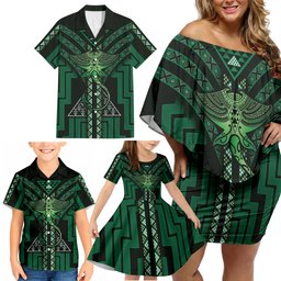 New Zealand Manta Ray Family Matching Off Shoulder Short Dress and Hawaiian Shirt Maori Tukutuku Taniko Motifs Green