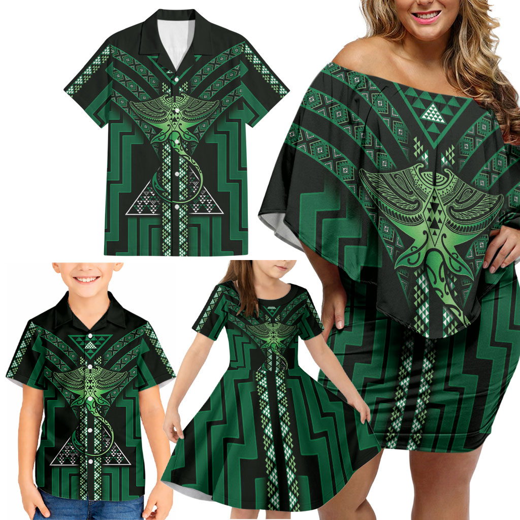 New Zealand Manta Ray Family Matching Off Shoulder Short Dress and Hawaiian Shirt Maori Tukutuku Taniko Motifs Green