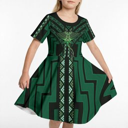 New Zealand Manta Ray Kid Short Sleeve Dress Maori Tukutuku Taniko Motifs Green