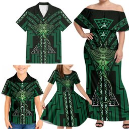 New Zealand Manta Ray Family Matching Off Shoulder Maxi Dress and Hawaiian Shirt Maori Tukutuku Taniko Motifs Green