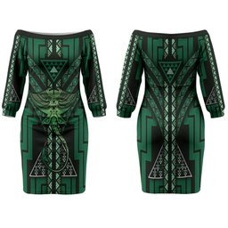 New Zealand Manta Ray Family Matching Off The Shoulder Long Sleeve Dress and Hawaiian Shirt Maori Tukutuku Taniko Motifs Green