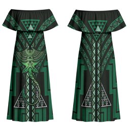 New Zealand Manta Ray Family Matching Off Shoulder Maxi Dress and Hawaiian Shirt Maori Tukutuku Taniko Motifs Green